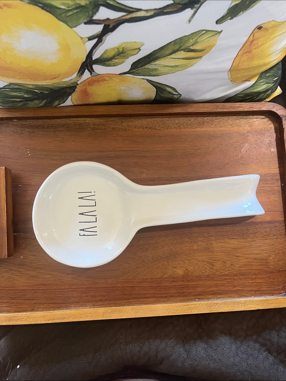 Rae Dunn Cream Ceramic Spoon Rest with "FA LA LA!"